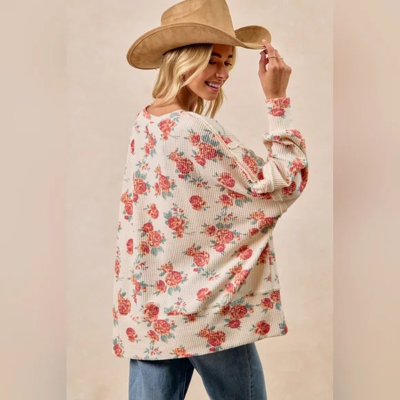 BiBi Floral Print Oversized Waffle Thermal Sweatshirt - Picture 2 of 10